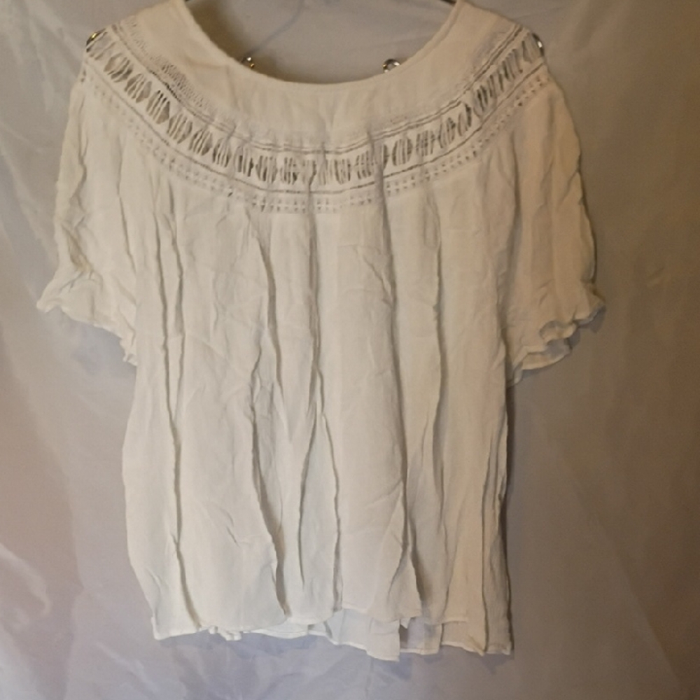 Takara White Crochet Yoke Flutter Sleeve Blouse